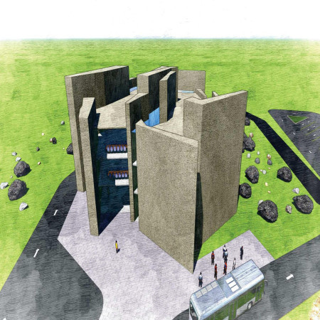 Charred Stone Formations with Open Glass Spaces in a Geological Learning Hub