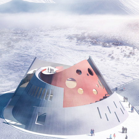Geometric Volcanic Structure Featuring Expansive Glass and Durable Aluminum Cladding in Icelandic Landscape