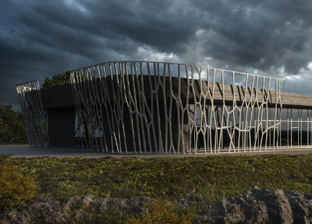 Cultural Center Emphasizing Natural Stone Integration and Charcoal-Coated Metal in Landscape Harmony