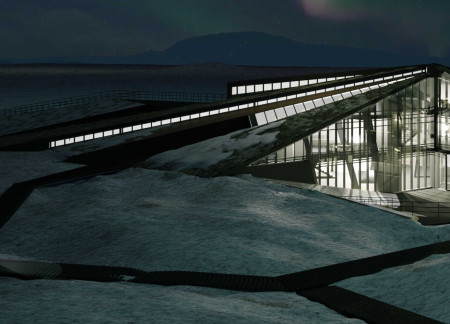 Triangular Structure Crafted From Local Stone With Green Roof Integration Near Geothermal Landscape