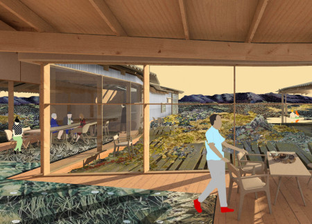 Charred Wooden Shingles and Cross-Laminated Timber Panels Define a Multifunctional Community Space  