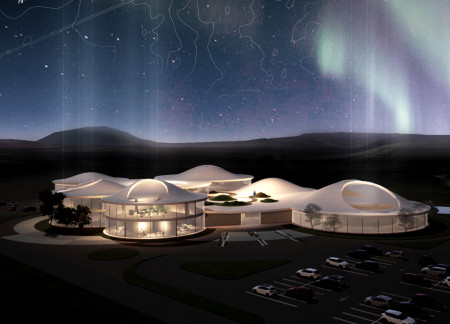 Bulbous Structure of Reinforced Concrete and Glass Merging With Volcanic Landscape as a Cultural Hub