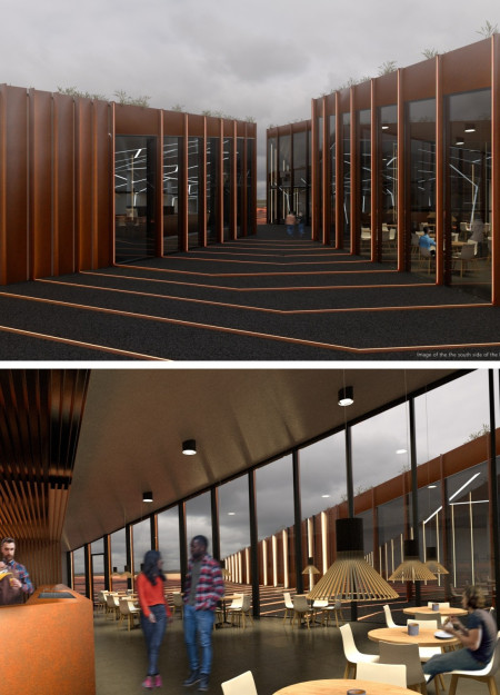 Weathered Metal and Subterranean Spaces Form an Educational Hub in a Volcanic Landscape