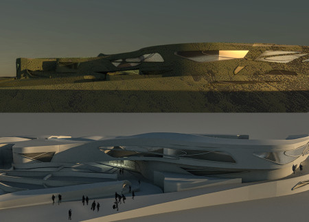 Curvilinear Gallery Framed in LaVix Stone and Laminated Wood Embracing Volcanic Landscapes