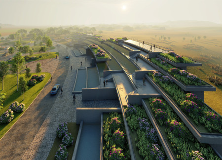 Curved Fair-Faced Concrete Forming A Roof Garden Over Flexible Community Spaces