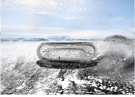 Museum Featuring a Transparent Glass Facade and Black Volcanic Pumice Integration Amidst Icelandic Landscape