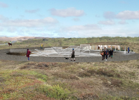Geothermal Pavilion with Spiral Paths and Natural Lava Walls for Educational Exploration
