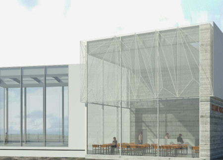 Folded Concrete Volumes Embracing Natural Light Through Expansive Glass in a Geological Educational Hub