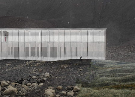 Exhibition Pavilion Featuring Sustainable Materials and Volcanic Terrain Integration