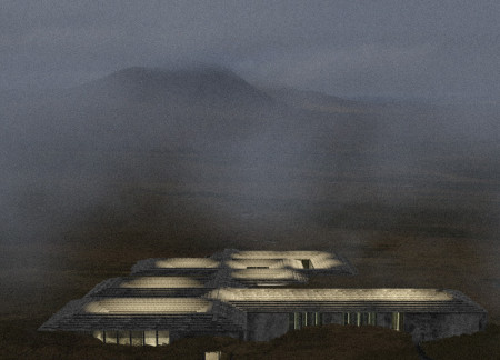 Subterranean Concrete and Glass Structure with Natural Stone Integration in an Immersive Cultural Haven