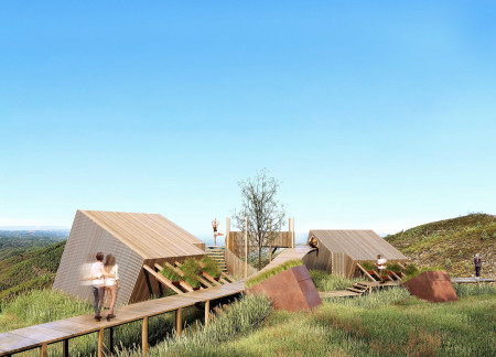 Corten Steel Structures Blending into Nature with Elevated Wooden Walkways