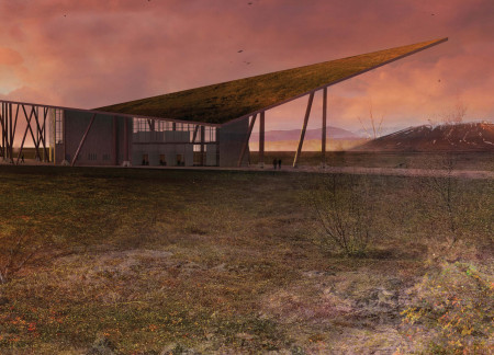 Butterfly Roof Constructed of Wood and Glass Overlooking Mývatn Lake for Cultural Engagement  