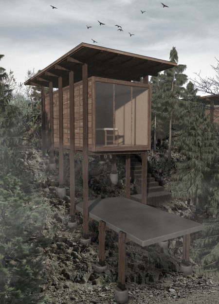 Meditation Retreat Featuring Cross-Laminated Timber and Charred Wooden Shingles in a Scenic Landscape