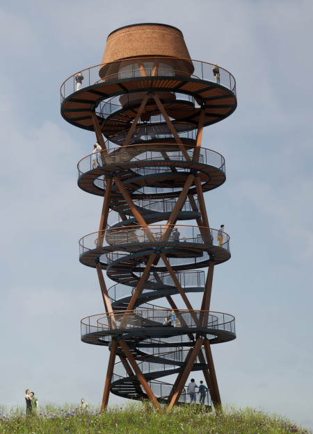 Spiraling Structure with Cross-Laminated Timber and Reed Roof in Scenic Landscape