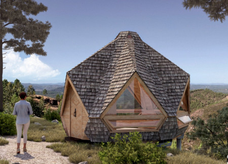 Hexagonal Sanctuary Crafted From Natural Wood and Stone Elements Embracing the Surrounding Landscape