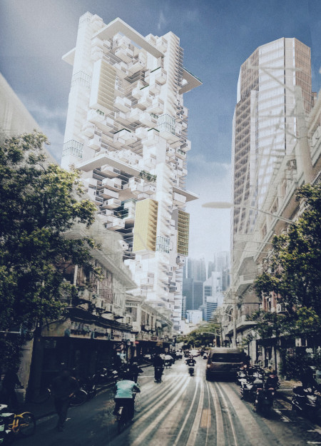 Vertical Community Hub Featuring Glass Facades and Green Roofs in Urban Context