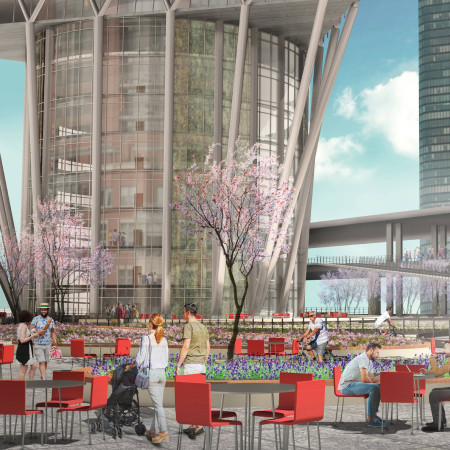 Vertical Gardens and Transparent Facades Integrate Community Living with Renewable Materials  