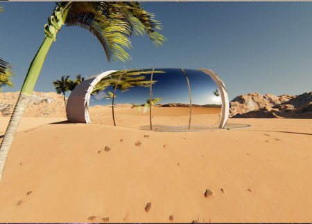Curved Insulated Glass Structure Embracing Desert Harmony With Sustainable Teak and Metal Elements