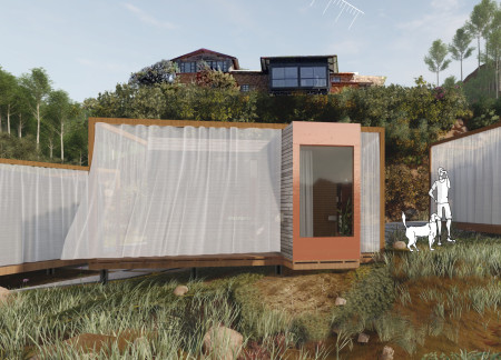 Charred Wood Exterior and Translucent Fabrics in a Nature-Integrated Retreat