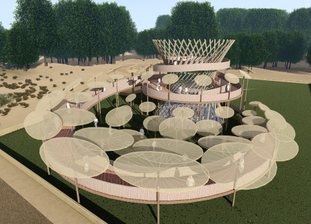 Curvilinear Design Featuring Cross-Laminated Timber and Fabric Shade Structures for Community Engagement