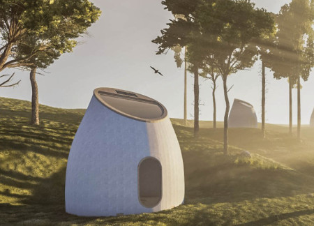 Zenithal Roof Opening in Fiber Glass and Laminated Wood Retreat Nestled in a Forested Landscape