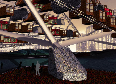Suspended Living Units With Vertical Gardens and Steel Framework in a Mixed-Use Urban Environment