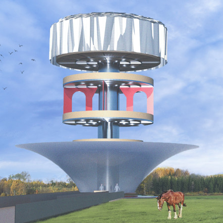 Cylindrical Structure Embracing Natural Light with Steel and Textiles in a Serene Coastal Landscape