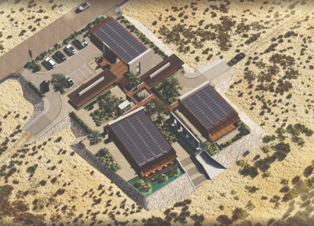 Corten Steel Framework and Native Vegetation Elevate Community Spaces Amid Natural Landscape