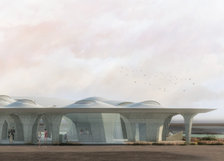 Passive Ventilation Canopy of Fiberglass Over Concrete Learning Hub in a Coastal Wetland