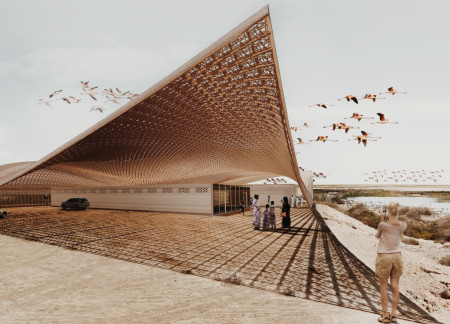 Wavy Canopy Crafted from Cross-Laminated Timber Panels and Charred Wooden Shingles for Community Gathering Space