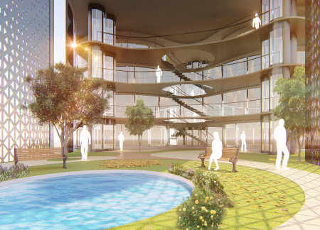 Elliptical Green Spaces Enhanced by Natural Wood Finishes in a Modern Workspace