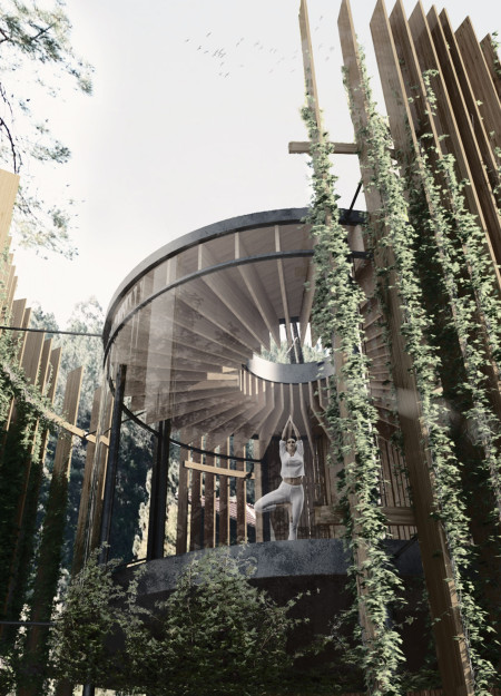 Curvilinear Structure Featuring Breathable Sheath and Sustainable Timber Elements for Holistic Wellness  