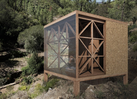 Cork-Clad Retreat Featuring Modular Sliding Walls in a Timber-Framed Shelter