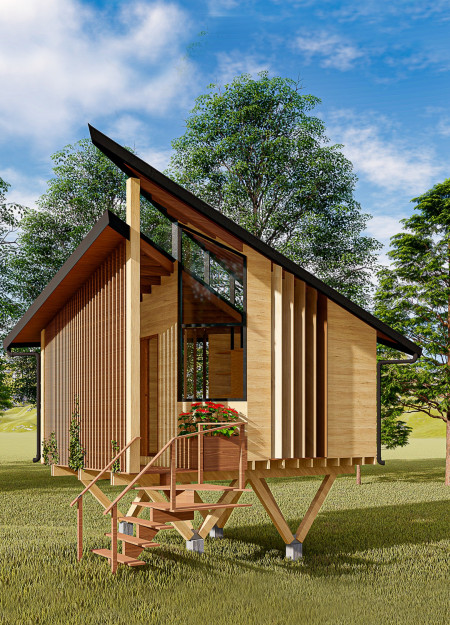 Wellness retreat featuring cross-laminated timber and a triangular canopy of charred wood shingles