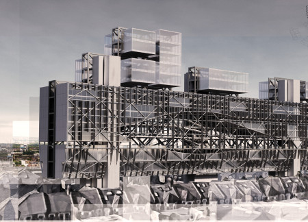 Louvered Glass Facade and Steel Framework Define a Flexible Mixed-Use Urban Habitat