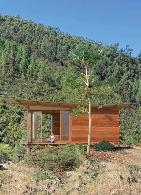 Rammed Earth Walls and Charred Wood Shingles Create Tranquil Meditation Cabins in Nature