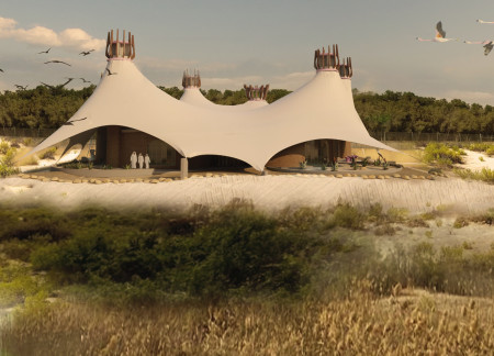 Tensioned Fabric Canopy and Coral Construction Amidst Wetland Conservation