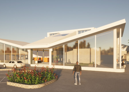 Butterfly Roof Structure Enhanced by Concrete and Glass Integration for Ecological Engagement  