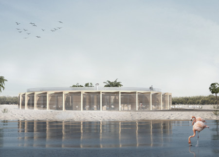 Circular Structure Featuring Prefabricated Timber and Panoramic Glass Along Wetland Habitat  