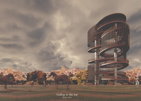 Spiraling Structure of Charred Timber Shingles Embracing Natural Light in a Community Space