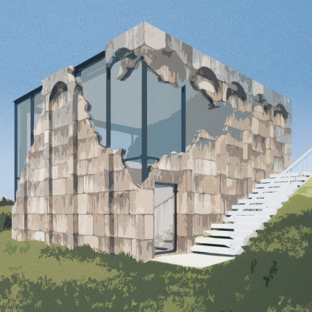 Glass and Sandstone Pavilion Embracing Vineyard Views for Communal Wine Tasting Experience