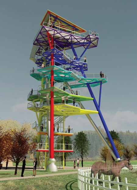 Solar-Powered Structure With Steel Grating and Vibrant Color Palette Offering Panoramic Views  