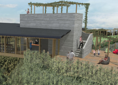 Elevated Terrace of Charred Wooden Shingles Adorned with Cross-Laminated Timber Panels in a Sustainable Tasting Space 