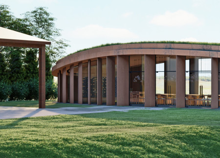 Rammed Earth Walls and Copper Cladding Form a Sustainable Wine Tasting Pavilion in the Vineyard Landscape
