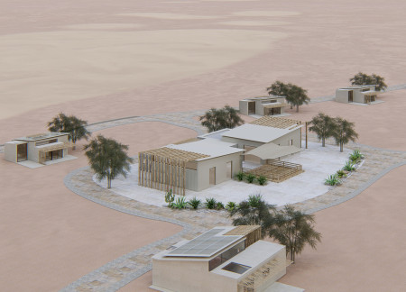 Eco-friendly lodges featuring sand-brick construction and sustainable energy systems in a desert landscape