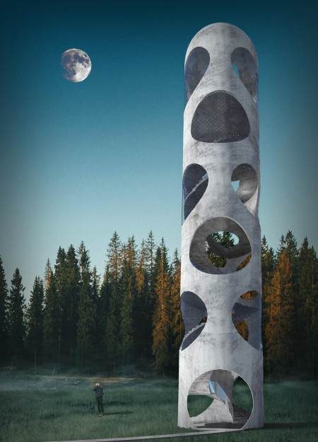 Cylindrical Concrete Structure Enhanced by Metal Mesh and Nature Views