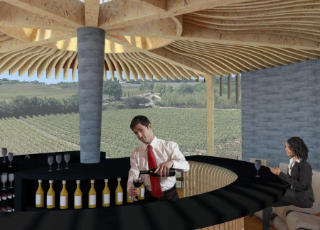 Curvilinear Structure Featuring Natural Timber Cladding and Eco-Friendly Green Roof in a Vineyard Setting
