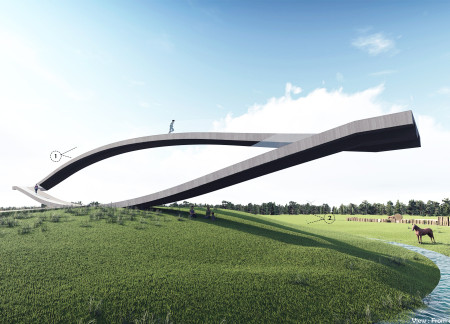 Curved Reinforced Concrete Gateway Featuring Expansive Glass Panels and Timber Accents, Commemorating Baltic Unity  