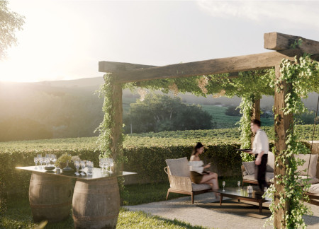 Charred Wooden Shingles and Concrete Formations Create a Harmonious Wine Experience in a Vineyard Setting