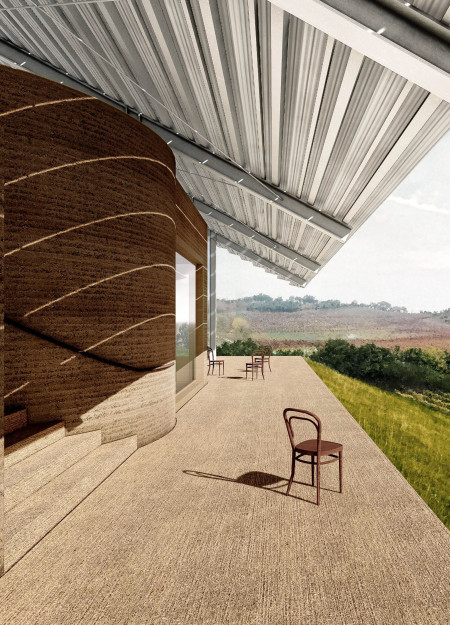 Rammed Earth Winery Nestled in Scenic Vineyards with Steel Roof and Circular Pathways
